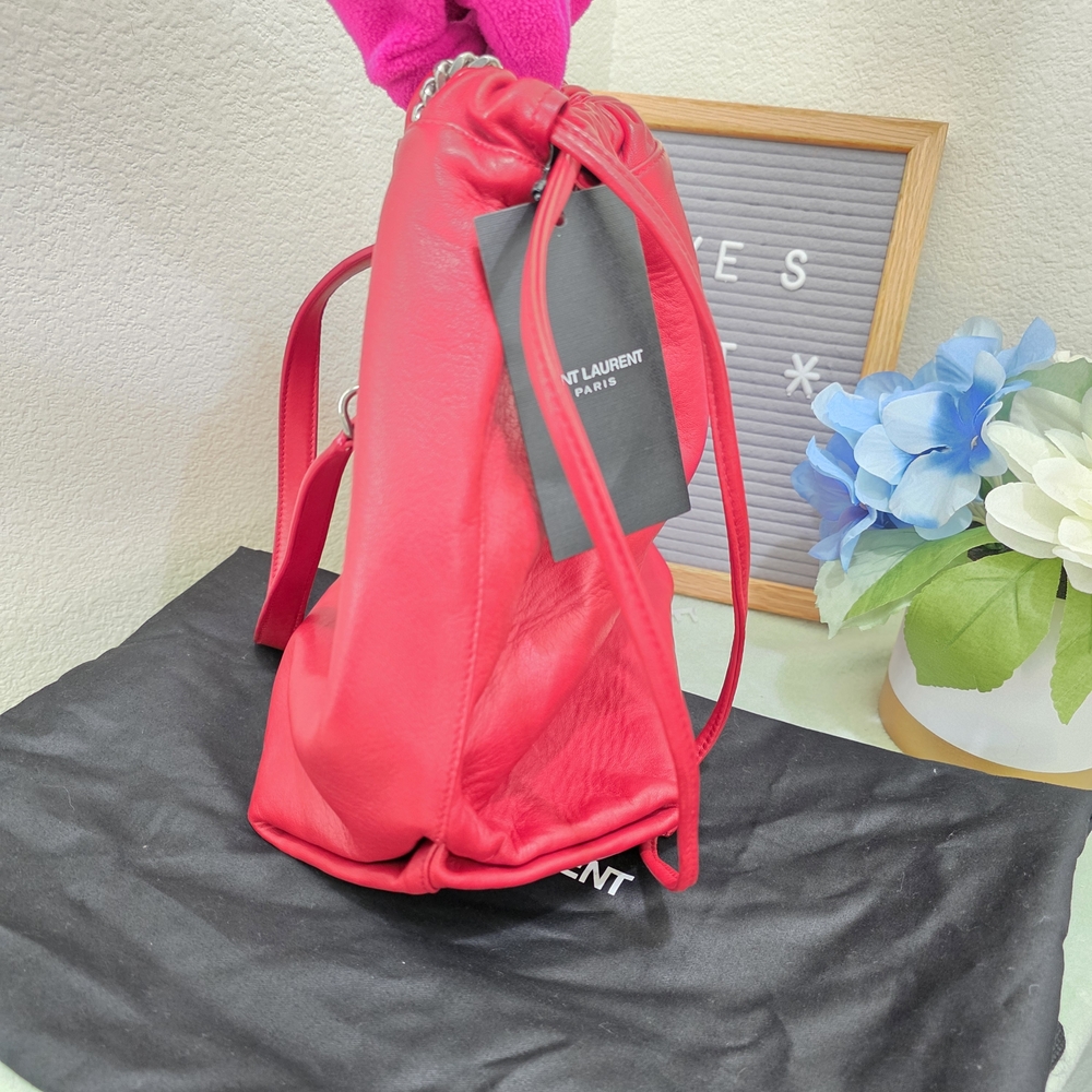 Authentic YSL Red Leather Drawstring Bag, YSL bag Pochon Teddy Bucket Bag - Picture 5 of 9